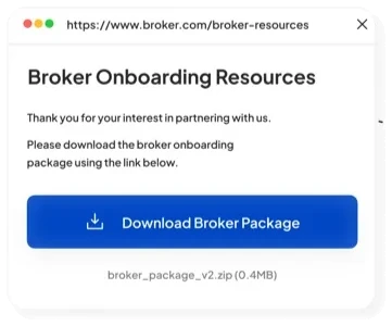 Broker onboarding resources page with a download button